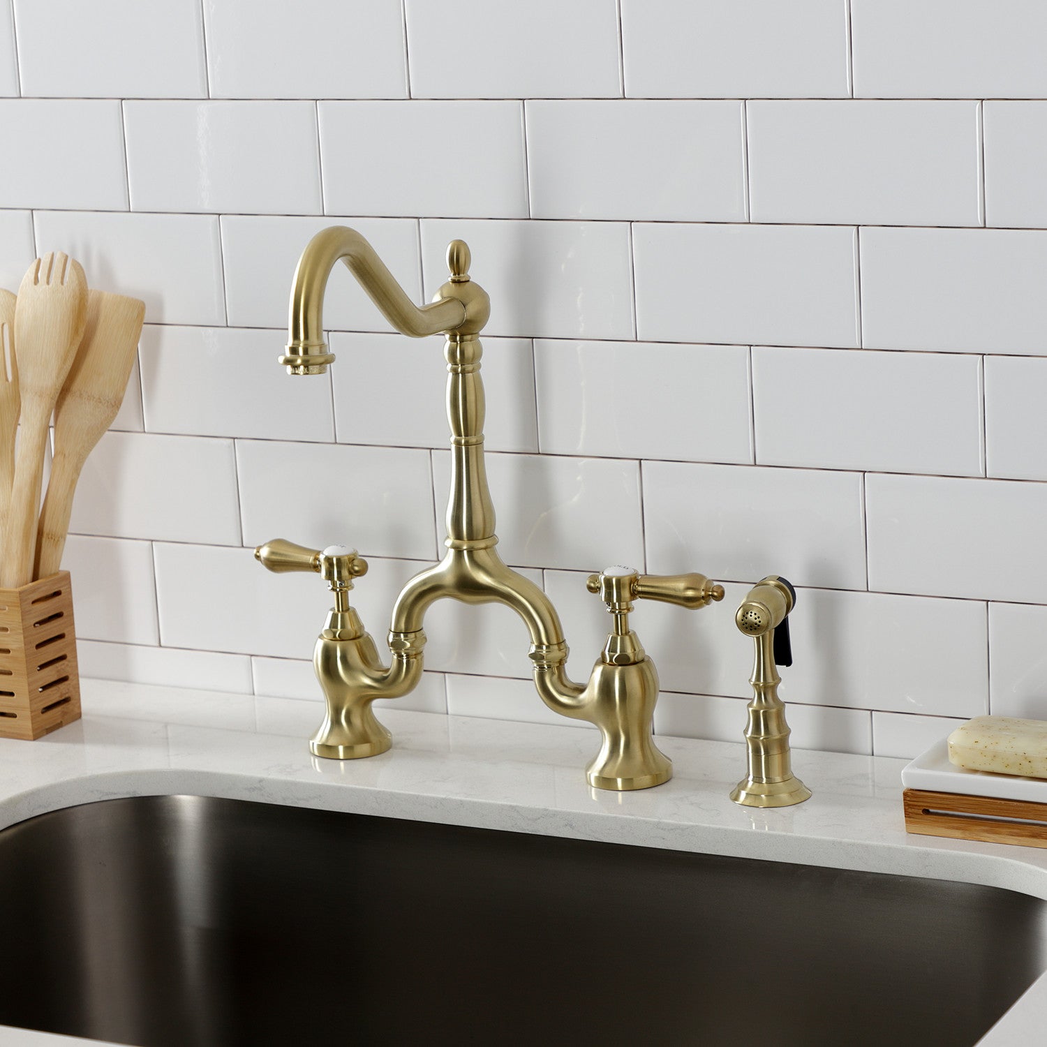 Kingston Heirloom KS7757BALBS - Heirloom Two-Handle 3-Hole Deck Mount Bridge Kitchen Faucet with Brass Sprayer, Brushed Brass — thumbnail 2